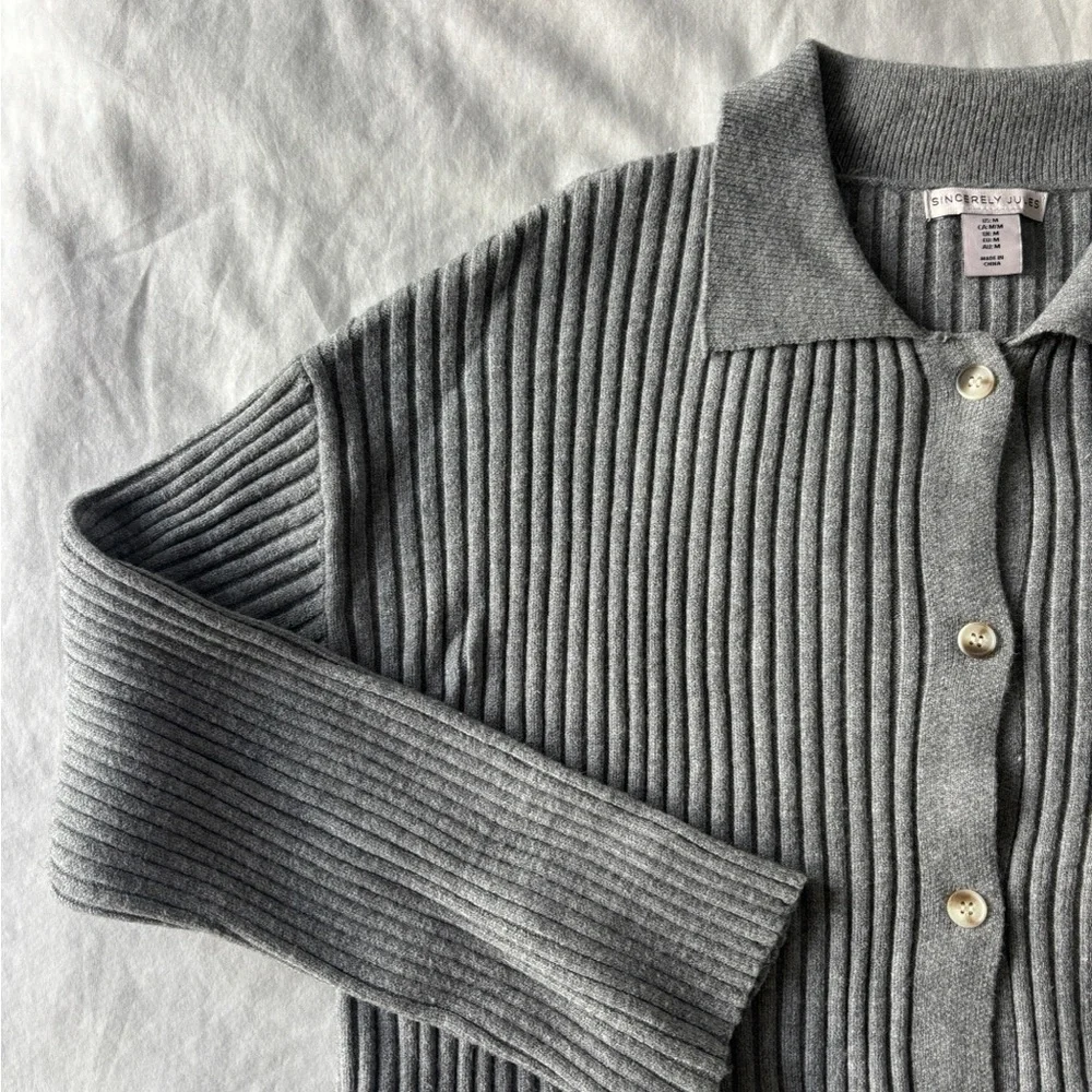 Grey Ribbed Collared Cardigan - Picture 5 of 8